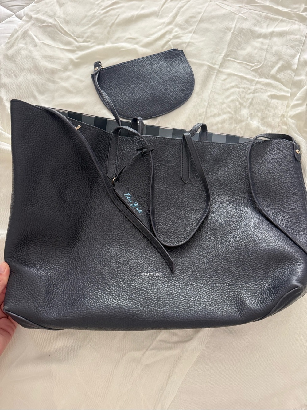 Draper, James Navy, leather reversible tote w/ dust bag